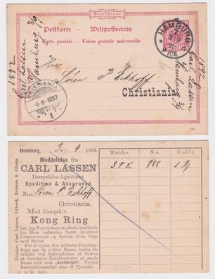 51223 DR Ganzsachen Postkarte P37 Zudruck Carl Lassen Spedition Hamburg 1892