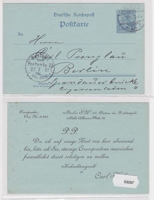 53097 DR Ganzsachen Postkarte P44 Zudruck Carl Kähne Berlin SW 1901