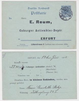 68649 DR Ganzsachen Postkarte P40 Zudruck Coburger Actienbier-Depot Erfurt 1900