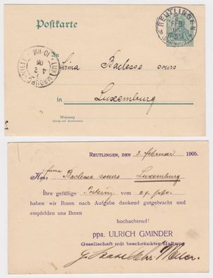 85282 DR Ganzsachen Postkarte P50 Zudruck Ulrich Gminder GmbH Reutlingen 1905