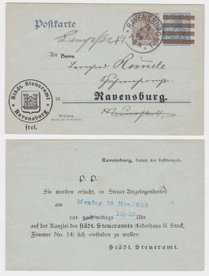 97703 DR Ganzsache Postkarte P84 Zudruck Städtisches Steueramt Ravensburg 1908