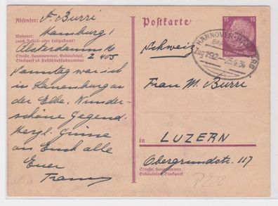 97317 Ganzsache Postkarte P222 Bahnpost Hannover-Hamburg nach Luzern 1934