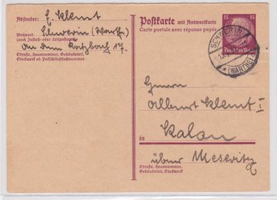 97318 DR Ganzsache Postkarte P223F Schwerin nach Kalau über Mesewitz 1937