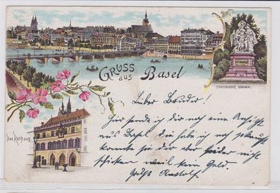 25200 Ak Lithographie Gruß aus Basel Totalansicht, Rathaus, Denkmal um 1900