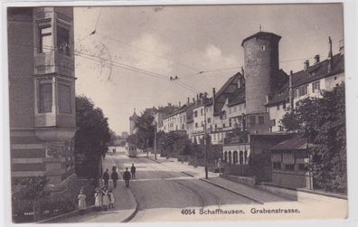 64164 AK Schaffhausen - Grabenstrasse, Straßenansicht mit Straßenbahn 1906