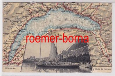 85429 Ak Montreux mit Landkarte Lac Leman und Abbildung Etude de Barque 1909