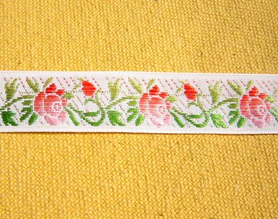 Webband Rosen Muster hochwertig weiß rot grün 2,2 cm breit je 1 Meter