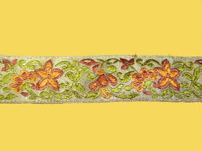 Brokatband hochwertig goldfarben mit Blumen 3,2cm breit Webband je Meter