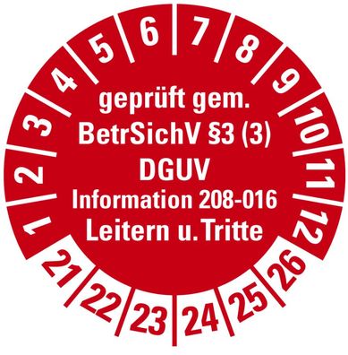 100x Prüfplakette "Leitern/ Tritte, BetrSichV §3.. 21-26" Aufkleber, rot Ø15-40mm