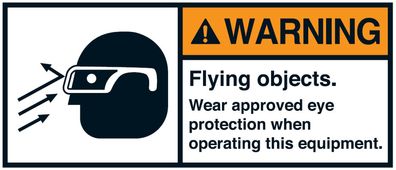 Warnaufkleber "WARNING Flying objects. Wear approved eye.."35x80/45x100/70x160mm