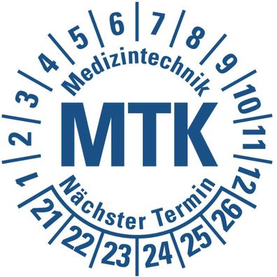 100x Mehrjahresprüfplakette "MTK 21-26" Etikett Aufkleber, weiß/ blau Ø15-40mm