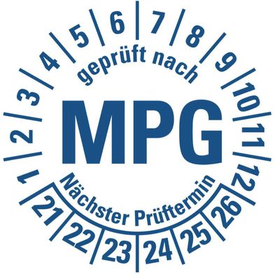 100x Mehrjahresprüfplakette "geprüft nach MPG 21-26" Etikett weiß/ blau Ø15-40mm