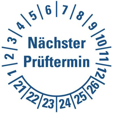 100x Mehrjahresprüfplakette"Nächster Prüftermin 21-26"Etikett weiß/ blau Ø15-40mm