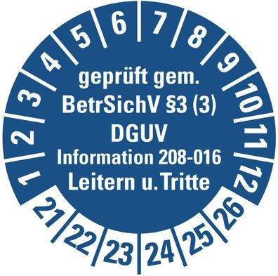 100x Prüfplakette"Leitern/ Tritte, BetrSichV §3.. 21-26" Aufkleber, blau Ø15-40mm