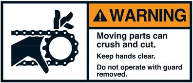 Warnaufkleber"WARNING Moving parts can crush.. Keep hands.."35x80/45x100/70x160mm