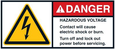 Warnaufkleber "DANGER Hazardous Voltage Contace will.." 35x80/45x100/70x160mm