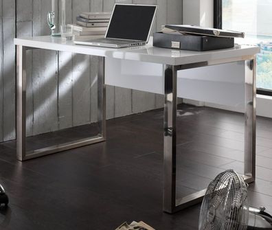 Schreibtisch weiß Hochglanz und Chrom Büro Arbeitstisch Laptoptisch 140 cm Sydney