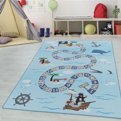 Kinderteppich Kinderzimmerteppich Seefahrt Piraten Rechteckig BLAU