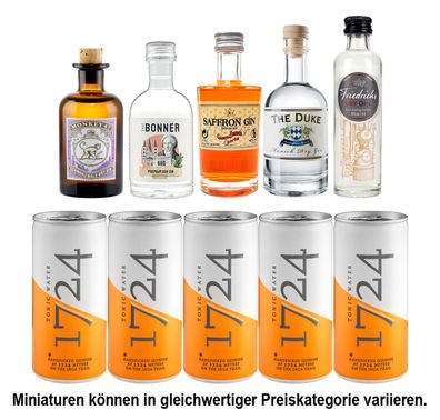 Gin Tonic Probierset - 5x Verschiedene Gin Sorten je 50ml + 5x 1724 Tonic Water