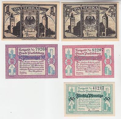 5 Banknoten Notgeld Stadt Patschkau in Schlesien 1921 kassenfrisch (109877)