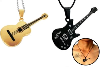 Gitarren Anhänger Edelstahl mit Halskette Musik Jazz Schmuck Farbe Gold E-Gitarre
