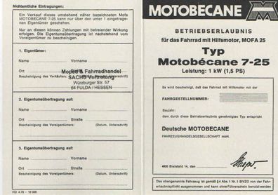 Betriebserlaubnis-Motobecane-7-25, ABE, Blanko Papiere, Fahrrad mit Hilfsmotor