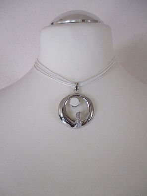 Halskette mit rundem Anhänger Weiß Silber Strass 37 cm mit Verlängerung