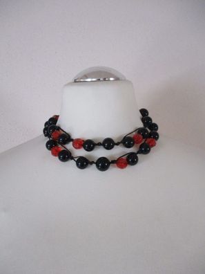 Halskette mit rundem Perlen Imitate Schwarz Rot 40 cm mit Verlängerung 2 reihig