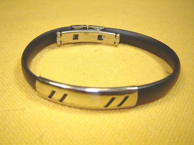 Armband Kautschuk schwarz mit Clipverschluß Metallauflage Streifen AB4