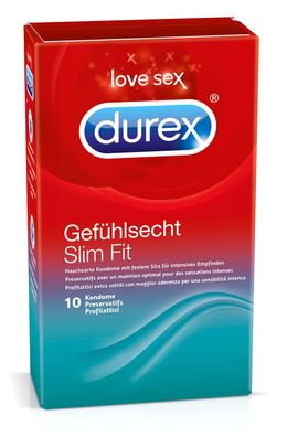10-er Durex Kondome Slim Fit 52,5mm Gefühlsecht hauch-dünn mit Silikon-Gleitgel