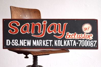 Schild handgemalt Sanjay Calcutta Vintage Bild Indien Reklame Werbung 25 x 78cm