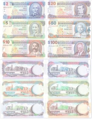 2 bis 100 Dollar Banknoten Barbados (2000) Pick 60-65 UNC (115848)
