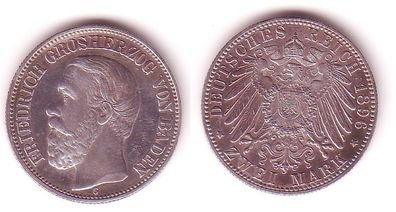 2 Mark Silber Münze Baden Großherzog Friedrich 1896 vz/ Stgl. (105491)