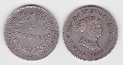 5 Franchi Silber Münze Italien Principato di Lucca e Pionbino 1805 f. vz (142873)