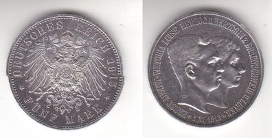 5 Mark Silber Münze Braunschweig Hochzeit 1915 A (119056)