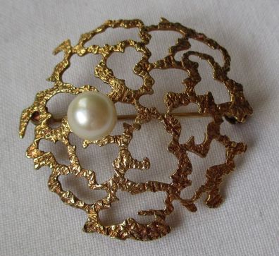elegante 585er Gold Brosche außergewöhnlicher Stil mit Perle (115470)