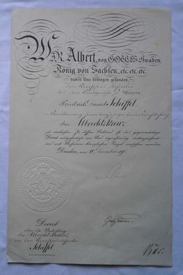 seltene Urkunde Sachsen zum Albrechtskreuz 1890