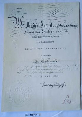 seltene Urkunde Sachsen zum Albrechtskreuz 1916