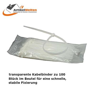 Kabelbinder transparent, neutral verpackt im Beutel zu 100 Stück, Nylon 66, 140-400mm