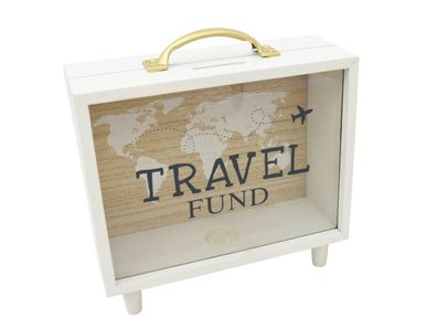 Spardose Koffer Travel Fund 20 cm Reisekoffer Sparbüchse Geldgeschenk Weltkarte