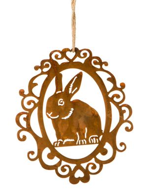 Dekohänger Hase im Ornament Kranz Metall Rost 17x19 cm Gartendeko Fensterdeko