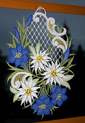 Alpenblumen Plauener Spitze Fensterbild Stickerei Edelweiß Spitzenbild + Saugnapf