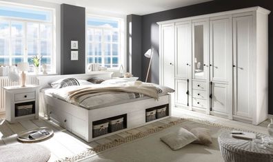 Schlafzimmer Set komplett Pinie weiß Landhaus Bett Schrank 2 x Nachttisch Hooge