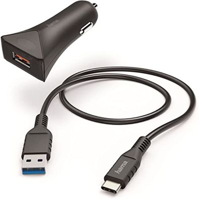 Hama USB-C Kfz - Schnell Ladegerät Set Typ-C 3A/ 19,5W Schwarz Qualcomm 3.0 Neu
