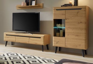 Wohnwand Eiche Artisan schwarz Wohnzimmer Set mit Highboard und TV-Lowboard Ronson