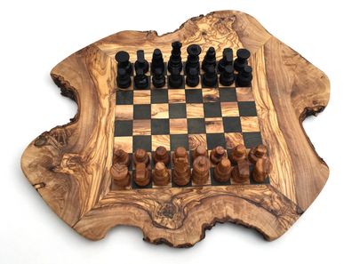 Schachspiel rustikal, Schachbrett Gr. M inkl. Schachfiguren, Olivenholz, Handarbeit