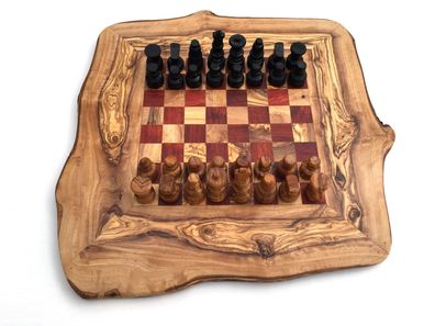Schachspiel rustikal, Schachbrett Gr. M inkl. Schachfiguren, Olivenholz, Handarbeit.
