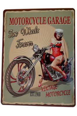 Shabby Blechschild Bild Motorcycle Garage Motorrad Pin Up Girl Retro 25x20cm NEU 
