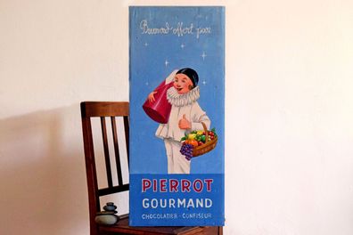 Bild handgemalt Cafe Reklame Pierrot Schokolade Werbung Alt Teakholz Vintage Antik