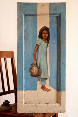 Gemälde handgemalt Mädchen in Kalkutta Vintage Bild Indien Wandbild 84x36cm Teak Holz